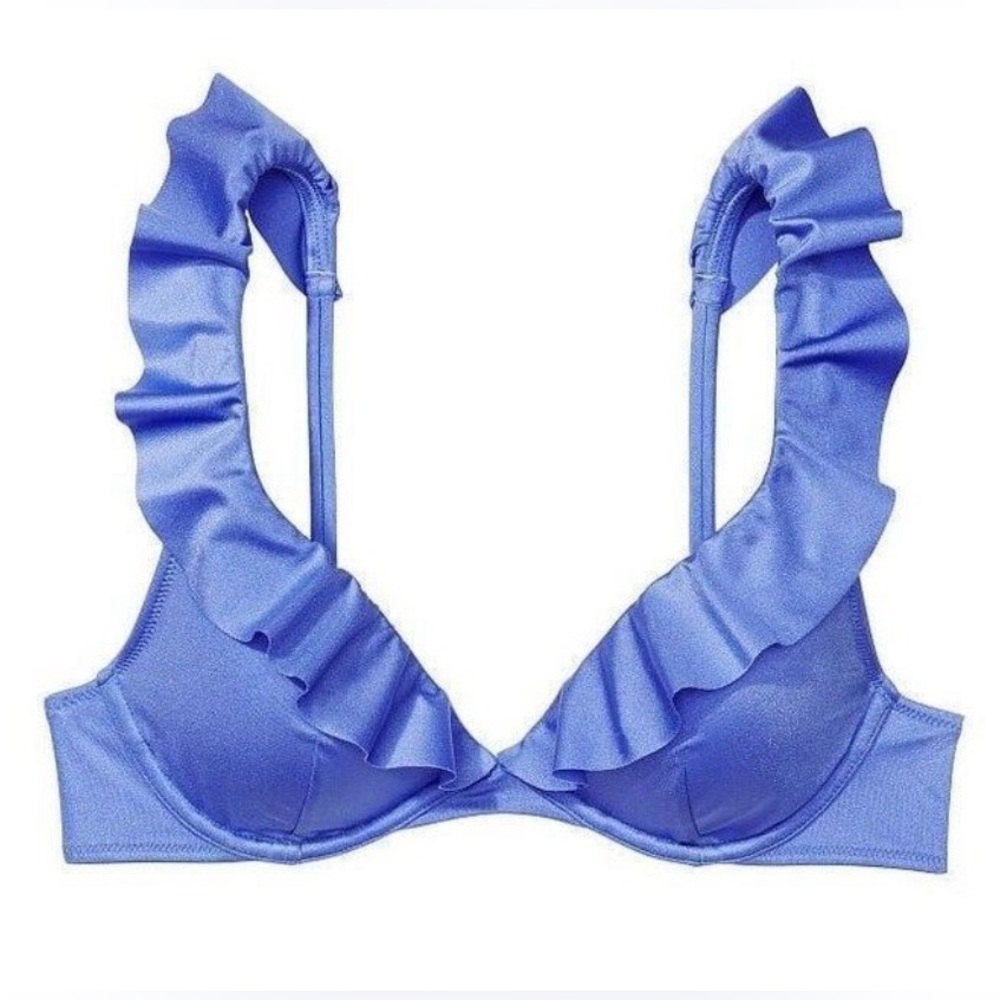 Victorias Secret Blue Ruffle Plunge Highwaist Bikini Swimsuit Set sz 34C & Large - Picture 2 of 14